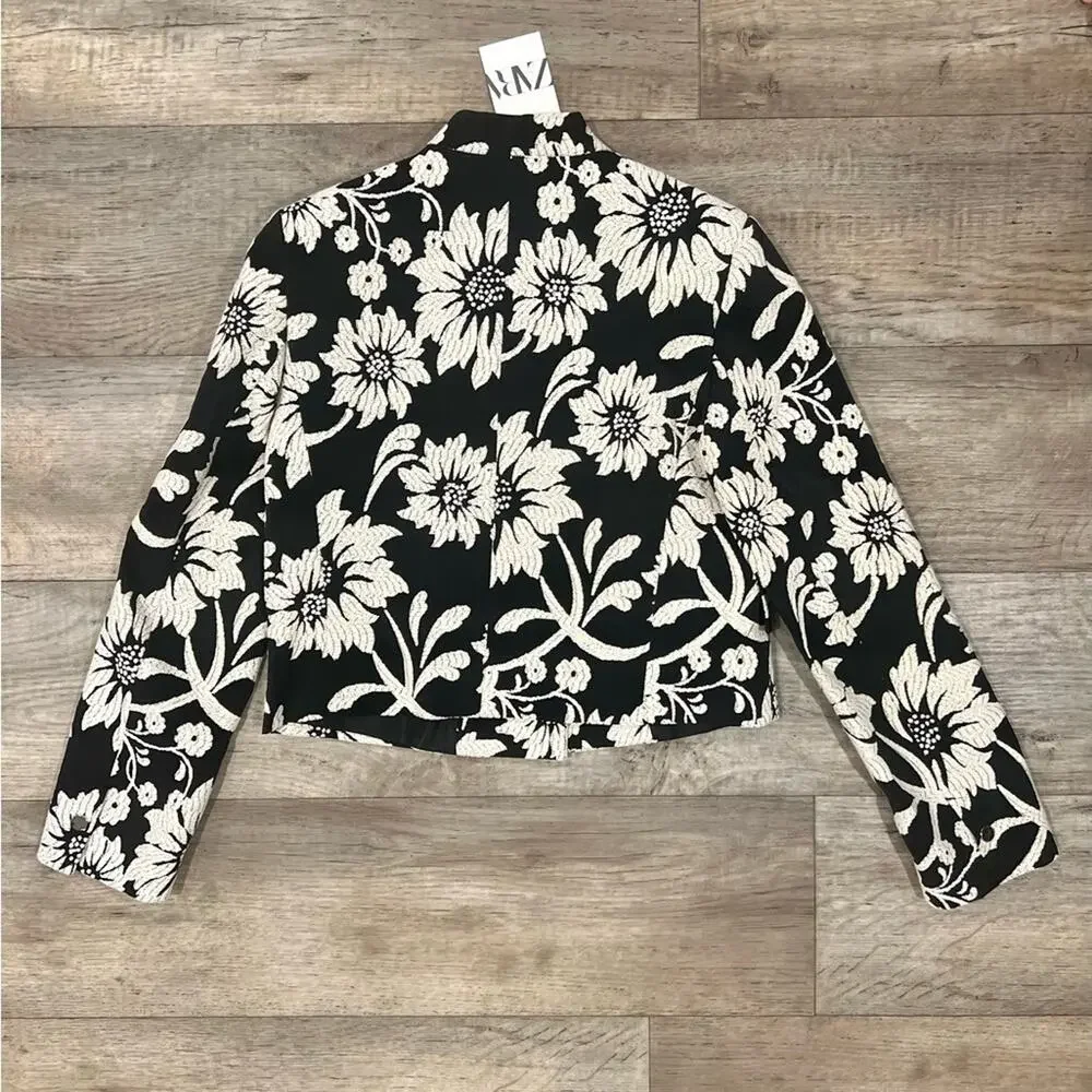 Zara NWT Black White Floral Jacquard Structured Blazer M